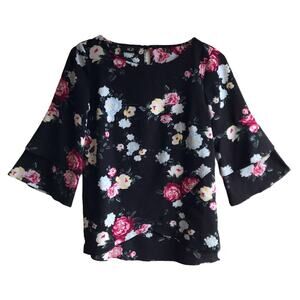 Agb Floral Print 3/4 Sleeve Boatneck Ruffle Blouse Size S Teacher Modest Winter
